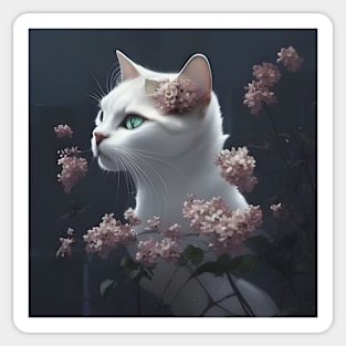 White Kitten surrounded by Pink Flowers | White cat with blue eyes | Digital art Sticker Sticker